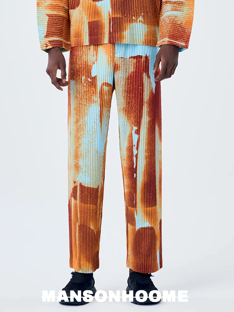 Miyake Pleated Men's Pants, High-quality Dyed Printed Casual Versatile and Fashionable Straight Leg Pants