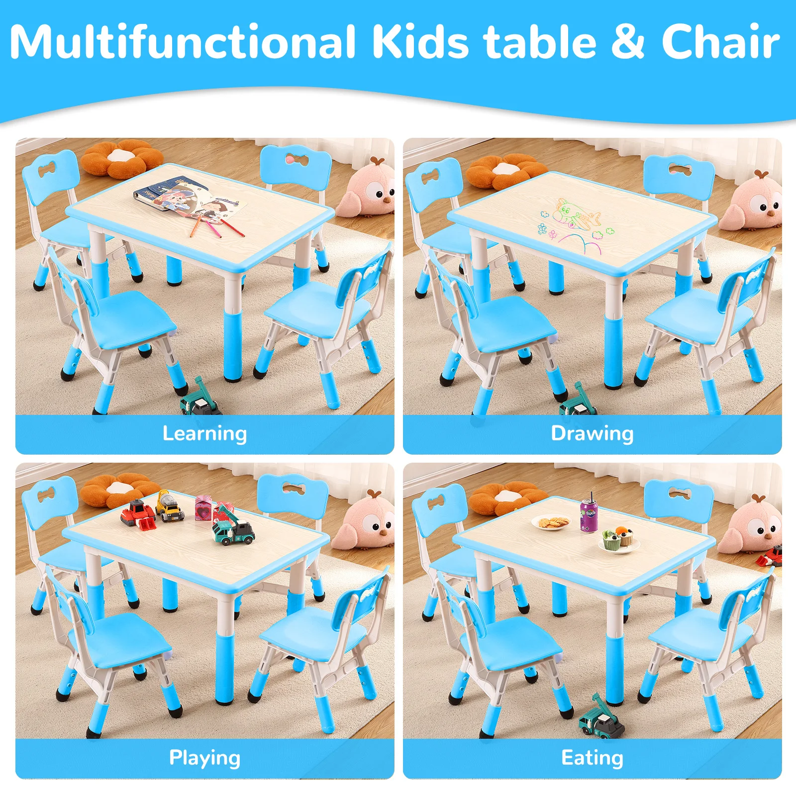 Kindertisch und 4 Stühle Höhenverstellbares Kleinkind-Tisch-und-Stuhl-Set Graffitiresistente Oberfläche Kinder-Aktivitätsmöbel – Detail 7