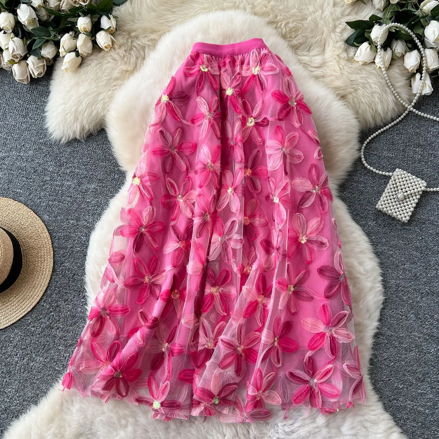 Autumn Winter Flower Embroidery Sequin Mesh Midi Skirts Women 2026 Korean Style Fashion Elegant High Waist Faldas