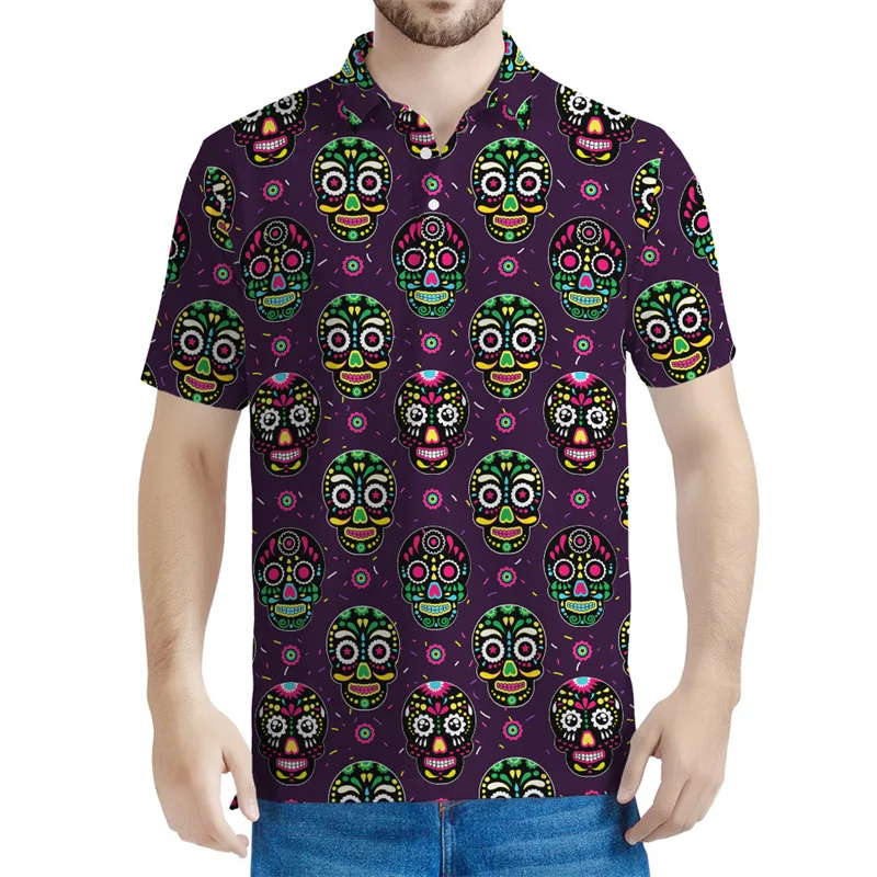 

Mexico Day Of The Dead Pattern Polo Shirt Men Summer 3D Printed Skull Tees Street Lapel Short Sleeves Women Button T-Shirt