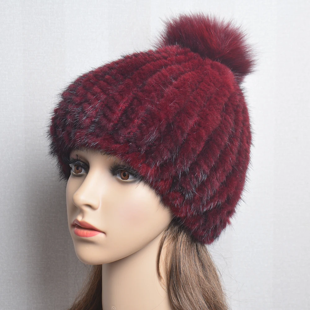 Winter Women Natural Mink Fur Hat Hand Knitted Warm 100% Genuine Mink Fur Cap Russia Lady Real Mink Fur And Fox Fur Pompoms Hats 4