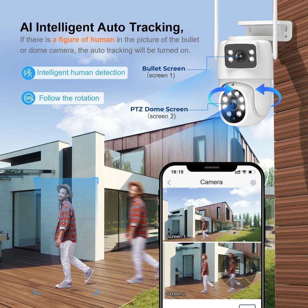 2MP+2MP Dual Lens Security Camera Outdoor WiFi PTZ IP Camera AI Human Detect Auto Tracking Wireless CCTV Camera CamHipro app 5