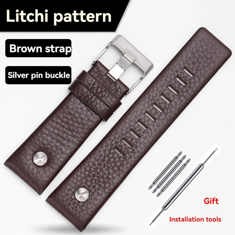 Men's Black Leather Watch Band with Stainless Steel Buckle