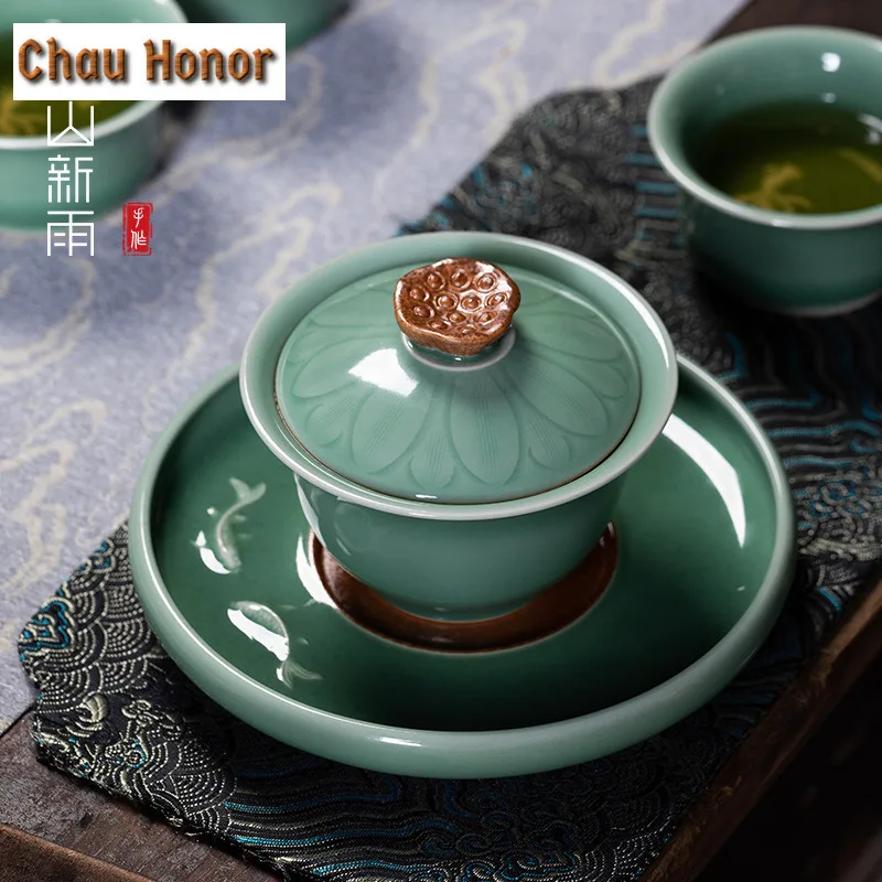 180ml Handmade Celadon Lotus Pond Gaiwan Ancient Tea Tureen Tea Bowl With Lid Kit Tea Making Cover Bowl Tableware Ornaments Gift