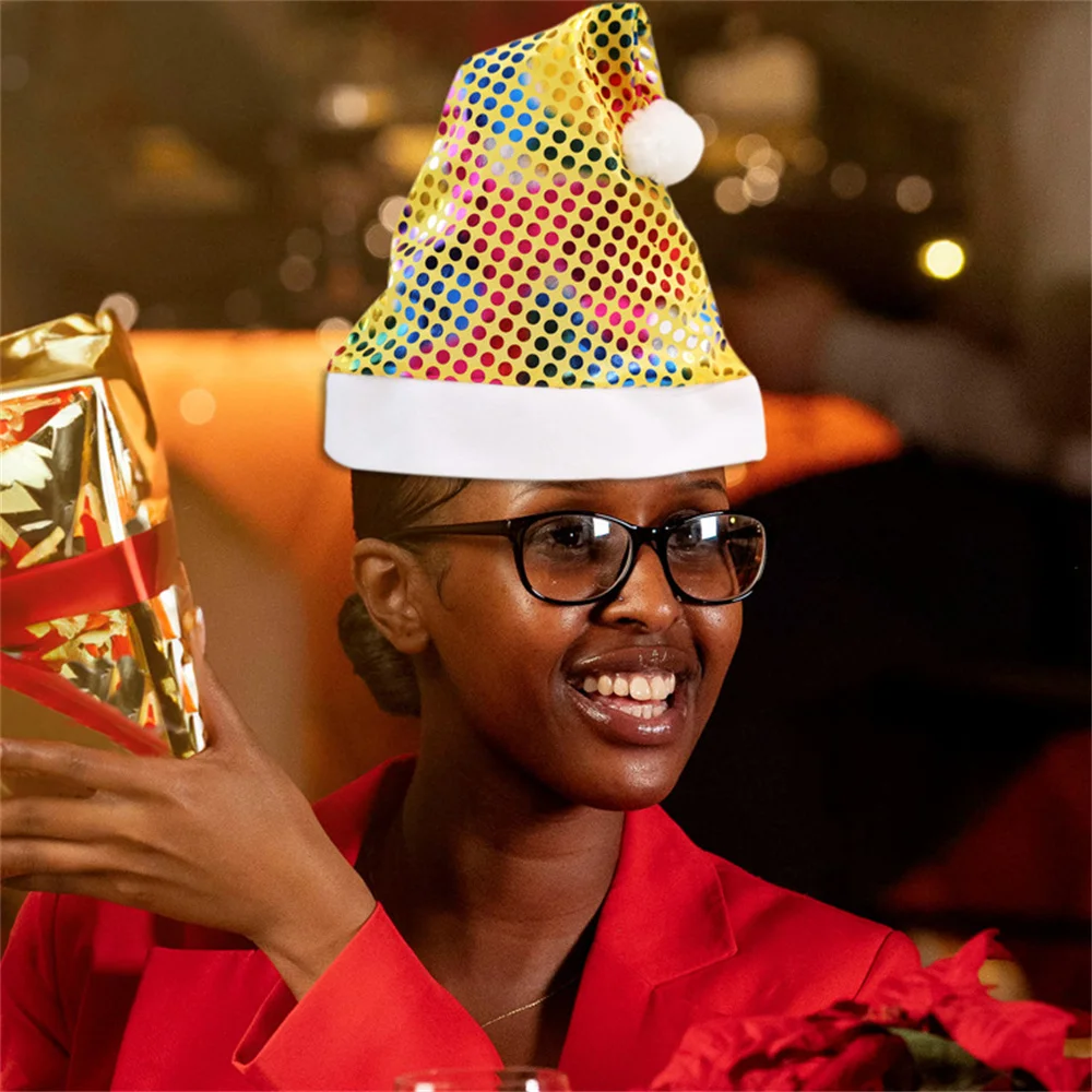 Colorful Sequins Christmas Hats Adult Kid Shiny Santa Claus Hat Fluffy Pompom Xmas Hat Home Holiday Party Decoration New