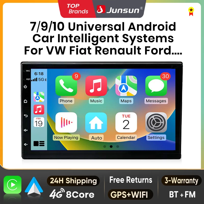 Junsun 7 9 10'' Radio estéreo universal para coche CarPlay Android Auto para VW Fiat Renault Nissan Peugeot Ford Hyundai Kia Honda Toyota Seat Pantalla IPS Reproductor multimedia Sistemas inteligentes Autoradio 2 Din Navegación GPS Bluetooth 4G WIFI 8 núcleos FM DSP RDS 1