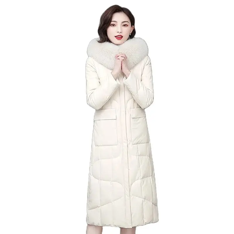 

Long Leather Down Women Haining Slim2022 Winter Knee-Length Hooded Fox Fur Collar White Duck Down Warm Leather Coat Women