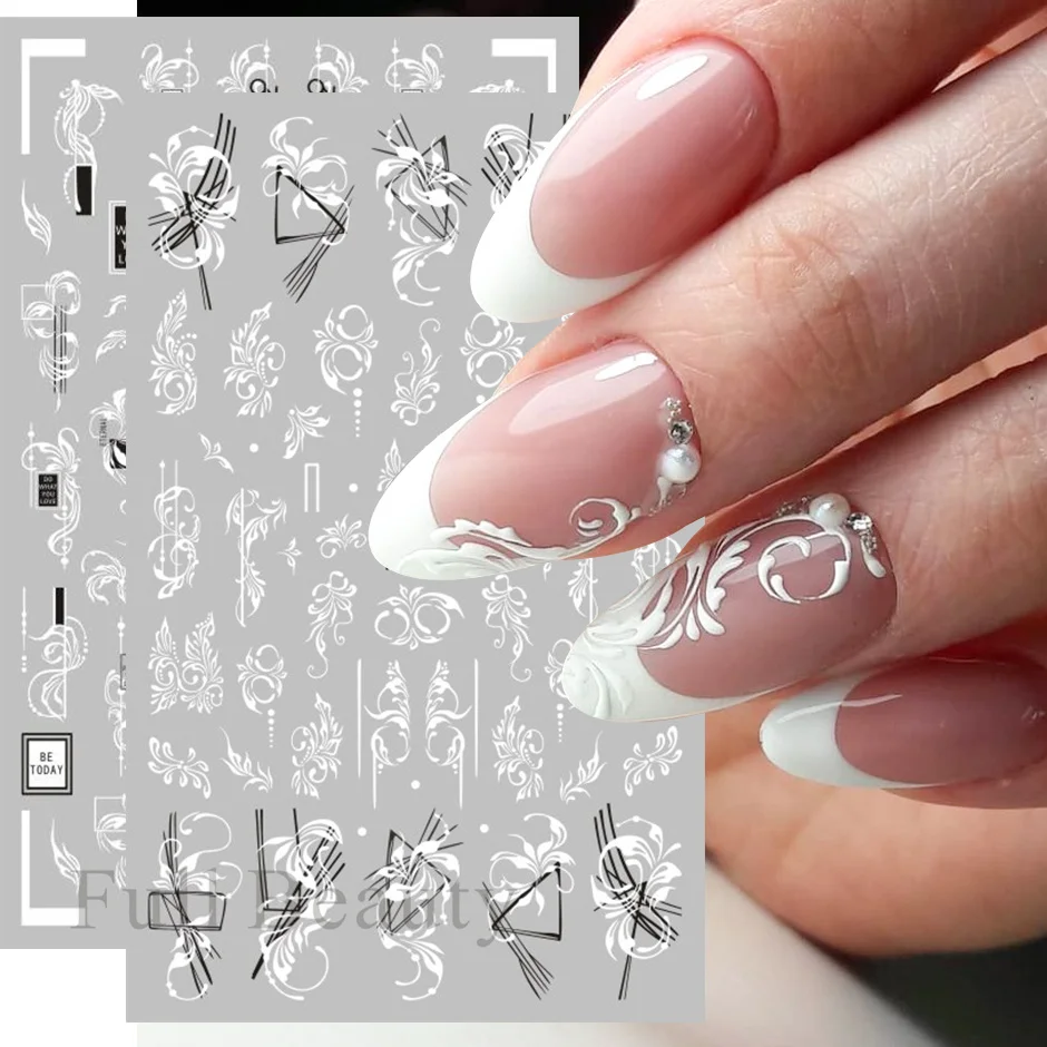 3D Black White Leaf Nail Stickers Plant Floral Adhesive