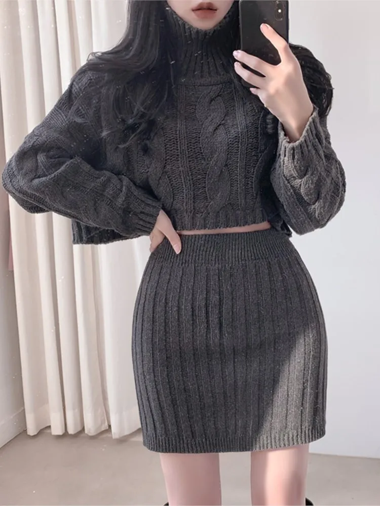 

Women Elegant Chic Turtleneck Sweater Tops Mini Skirts 2 Pieces Set Autumn Winter Vintage Knitted Skirts Suit Fashion Clothes