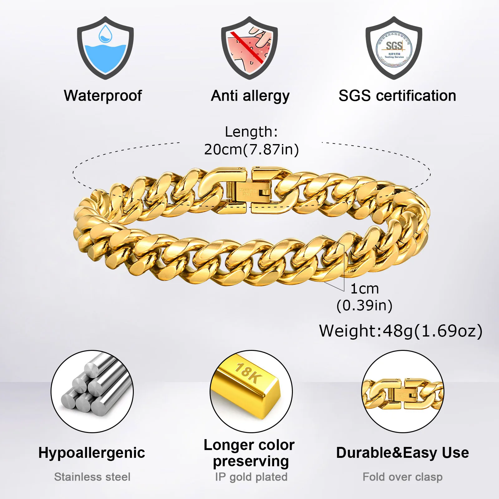 Gold Color Cuban Chain Bracelets for Men,6/8/10/12MM Stainless Steel Chain Link Wristband,Casual Hip Hop Male Jewelry Gift 5