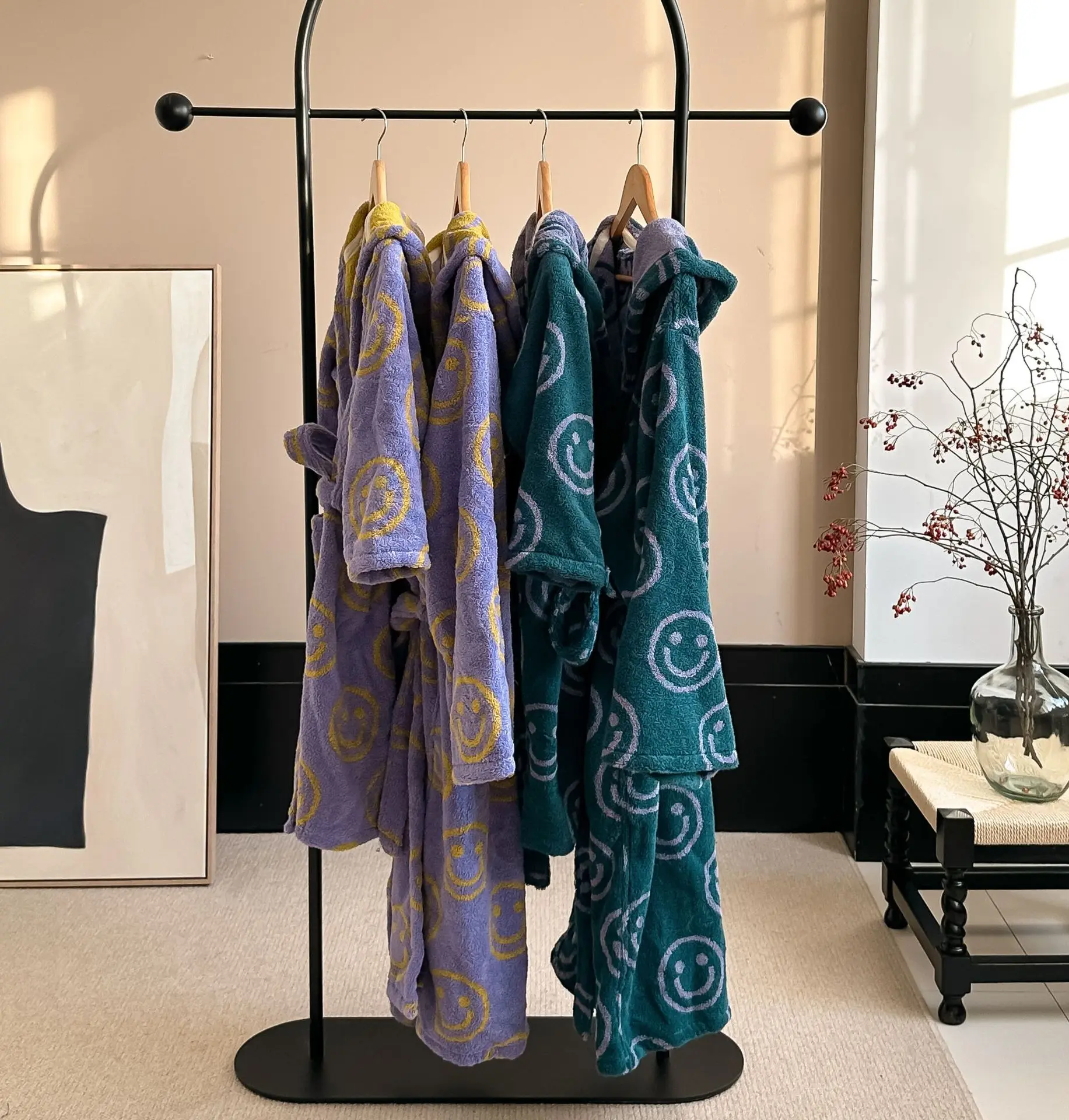 Smiley Face Pattern Cotton Parent-child Bathrobe Towel Soft Kids Ear Hoodies Bathrobe Kimono Sleepwear Coat Bath Unisex Towel