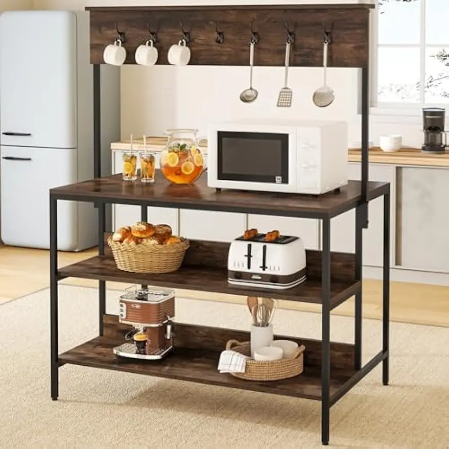 Kitchen Island Table with Storage Shelves and Hutch, 3 Tiers Coffee Bar Rack with and 14 Hooks, Dining