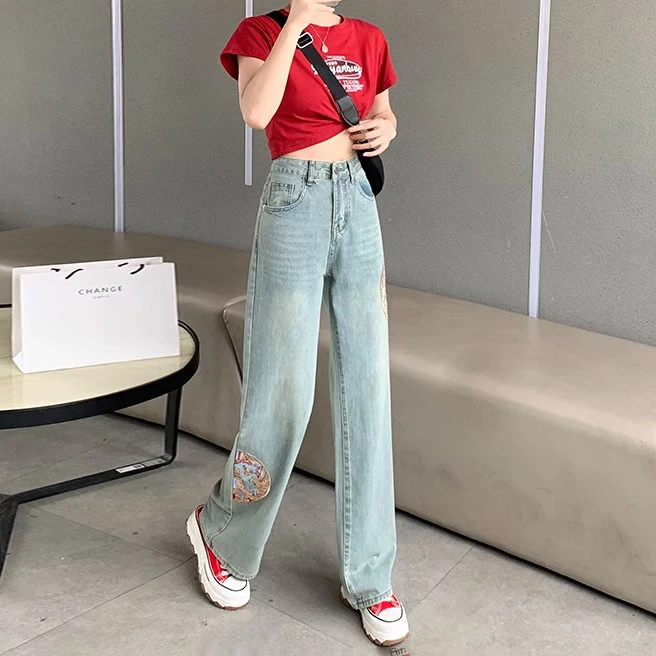 New Chinese high-waisted wide-legged jeans women's new country style embroidery thin narrow version of straight drag pants