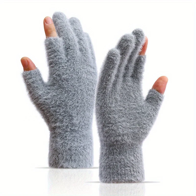 2pcs Black Gray Women's Winter Warm Fingerless Gloves For Writing