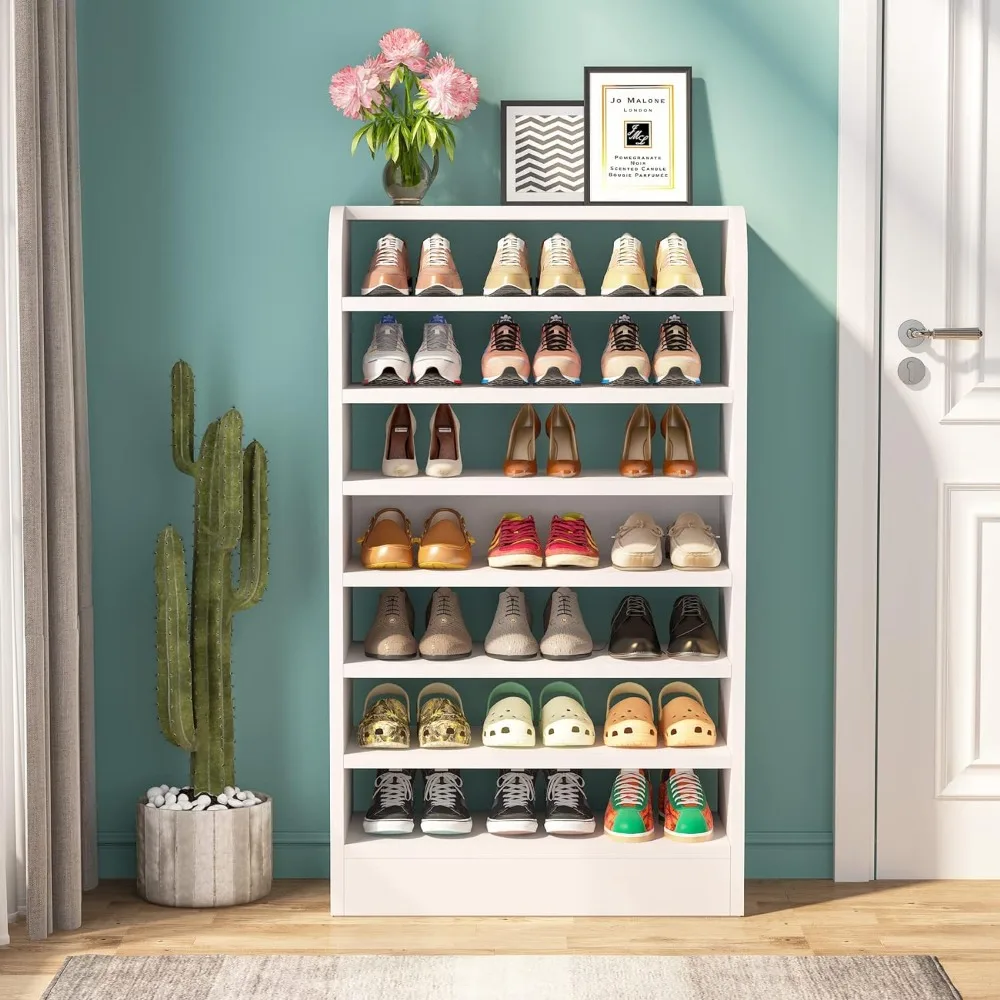Shoe Rack, 8-Tier Tall Shoe Shelf, Wooden Storage Cabinet, White