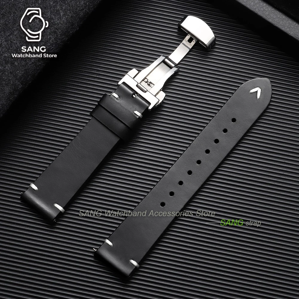 Vintage Cowhide Leather Watch Band with Butterfly Buckle - Quick Release Strap in Brown and Black