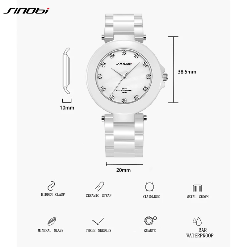 SINOBI High Quality Woman's Watches Fashion Real Ceramic Ladies Gifts Watch White Diamond Womens Quartz Wristwatches Reloj Mujer