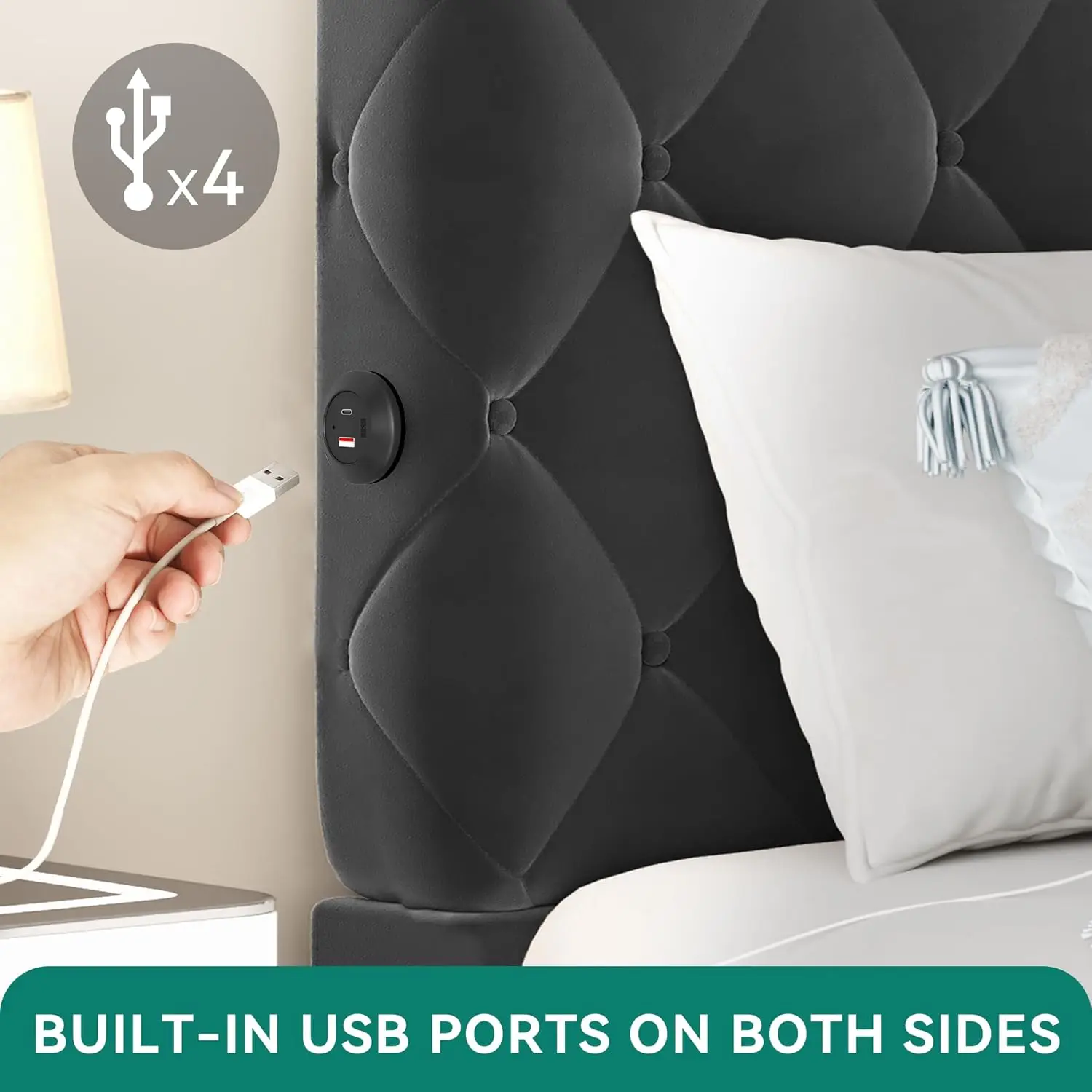 YITAHOME King Velvet Bed Frame, 53" Tall Headboard, 2 USB C/A, Button Tufted, No Box Spring, Noise-Free, Black 3