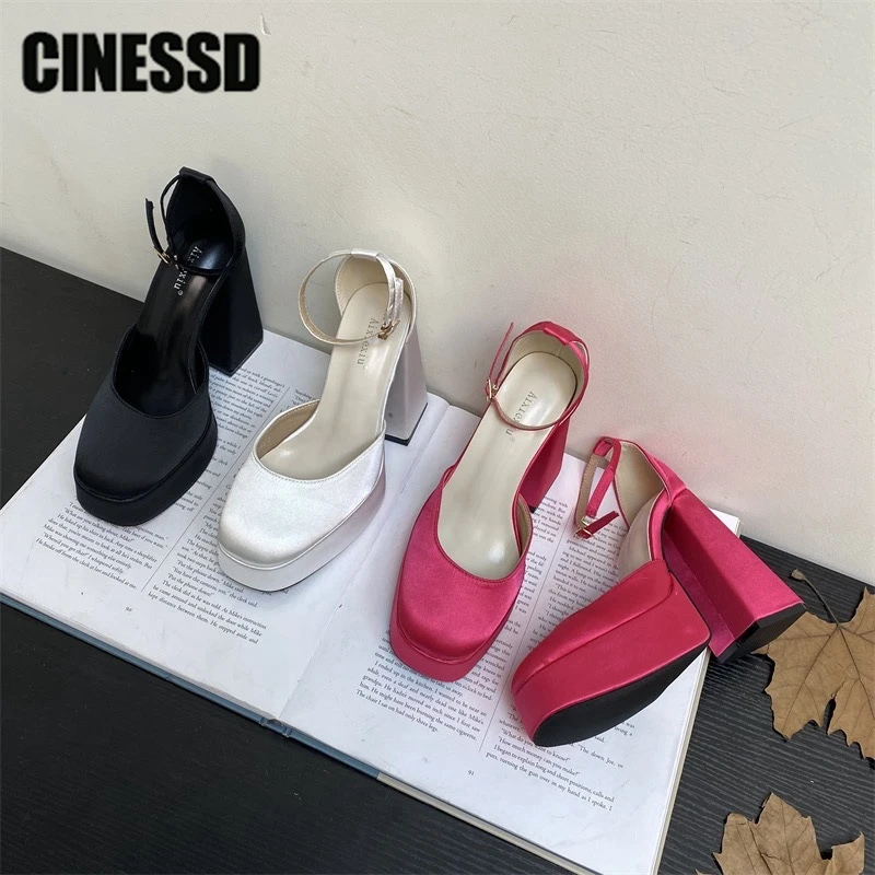 

Satin Platform Chunky Heels Women Square Toe Buckle Elegant Mary Jane Shoes Autumn Roman Fashion Thick Sandals Ladies Shoes