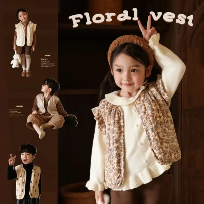 Children Vest Korean Baby Autumn Winter Floral All-match Vest Baby Windproof Vest Jacket Toddler Girl Spring Waistcoat Cotton Padded Outwear