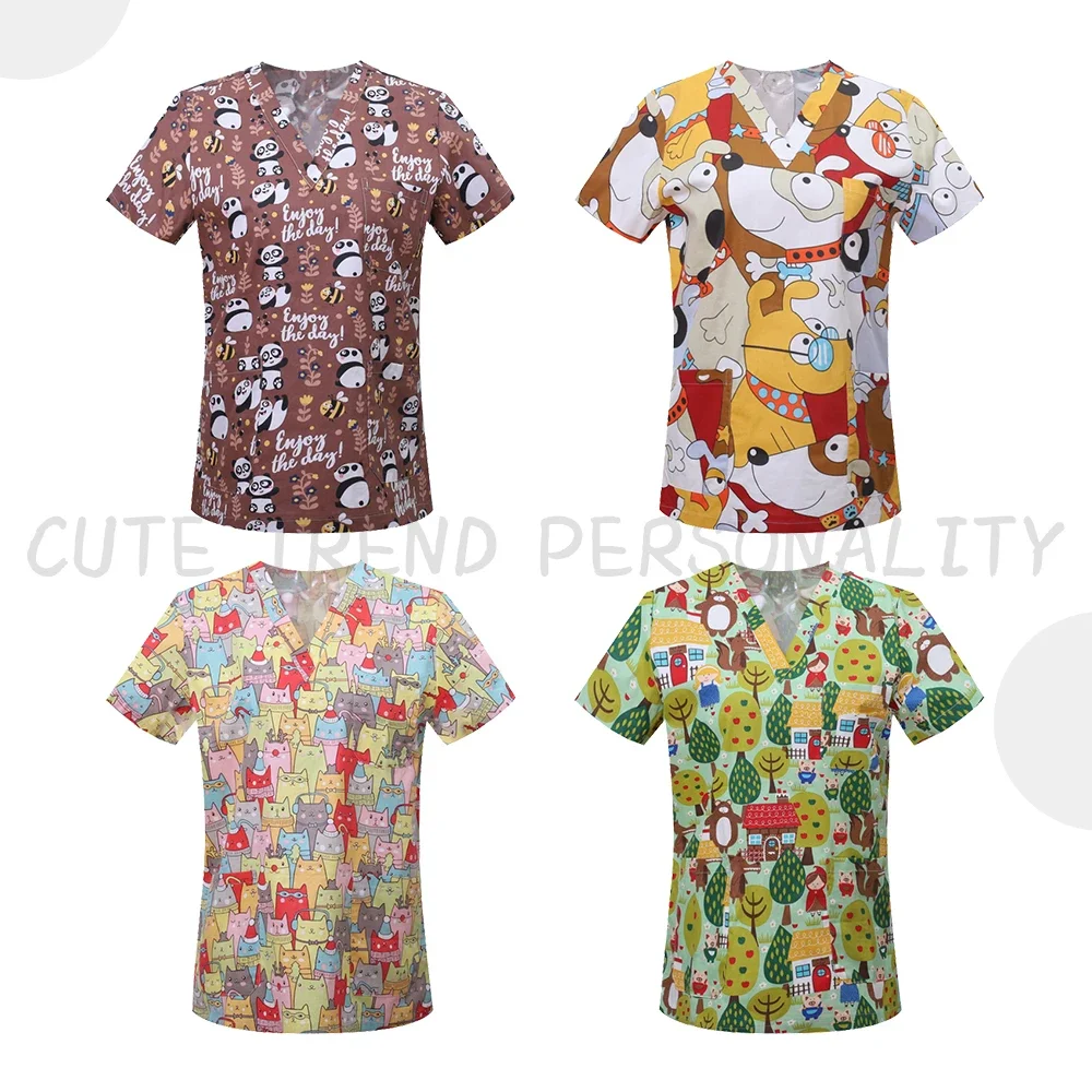 Medical Scrubs Cotton Cartoon Print Nurse Uniform Laboratory Pet Shop Overalls Tops