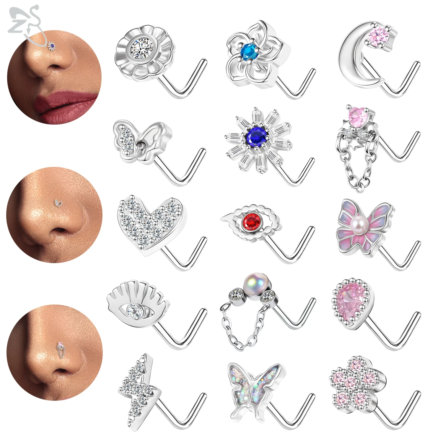 

AOEDEJ 1 Piece 20G Stainless Steel Nose Stud L Shape Pink CZ Crystal Nose Piercings Heart Flower Shape Nostril Piercing Jewelry