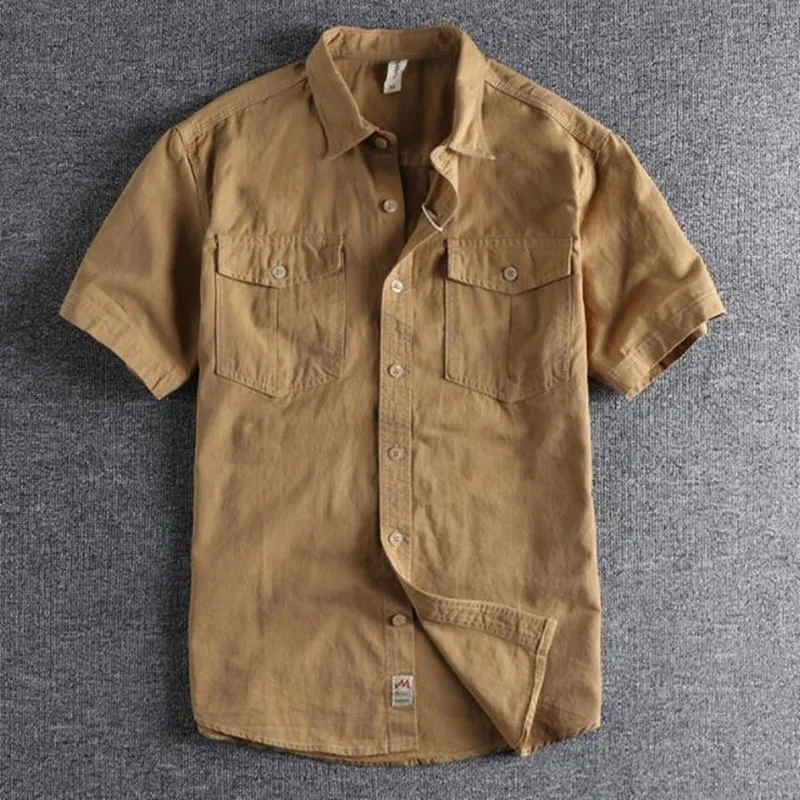 

New Simple solid color work clothes short sleeve shirt men's loose Youth Summer short sleeve top shirt