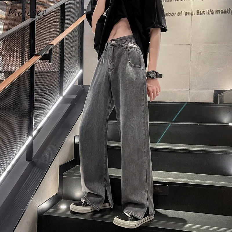 

Jeans Men European Style High Street Loose Fashion Ins Daily Simple Side-slit Cool Handsome Straight Trousers Students All-match