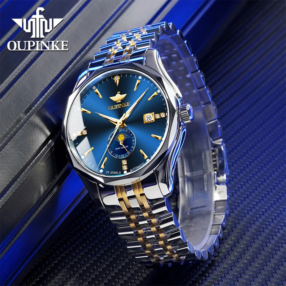 OUPINKE 3275 Automatic Watch For Men Top Brand Luxury Date Moon Phase Mechanical Man Watch Deep Waterproof Business Wristwatch