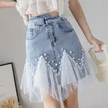 

2022 Spring and Summer New Heavy Industry Beaded Mesh Ruffled Hem Cross High Waist Denim Skirts for Women
