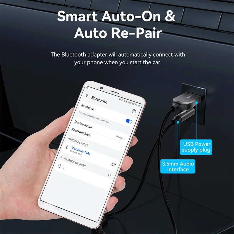 Vention Wireless Bluetooth 5.4 Receiver Dongle Car Bluetooth USB to 3.5mm Jack Audio Mic Handsfree Adapter