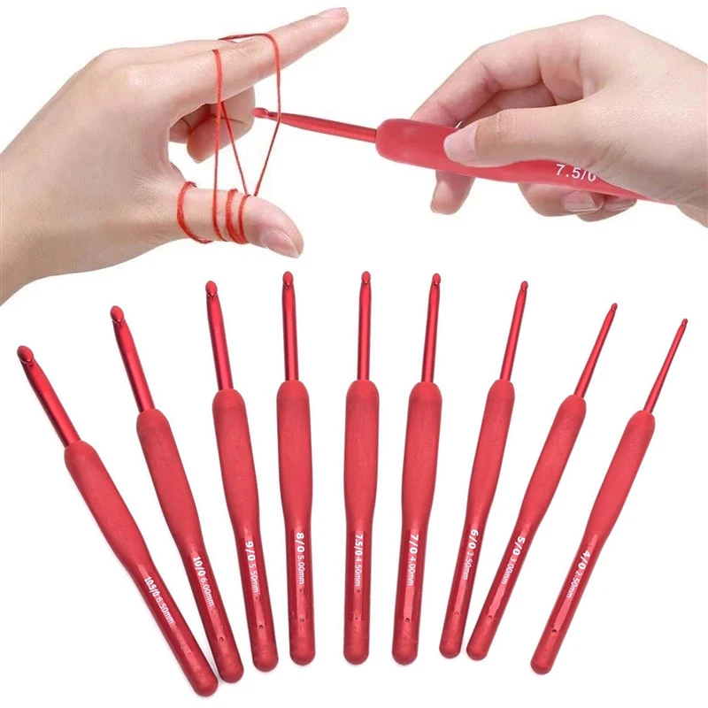 Description Picture 3 of item1Pcs Aluminum Tulip Red Crochet Hook Frosted Handle TPR Silicone Crochet Sweater Knitting Hooks DIY Handmade Crafts Sewing Tools