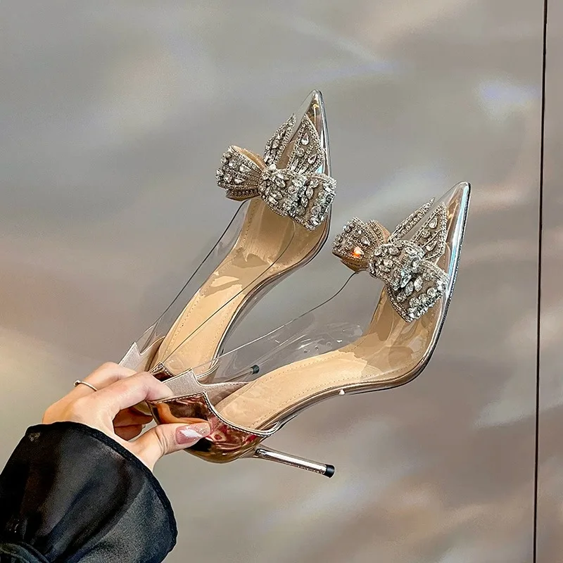 

French Style Transparent PVA High Heels Stiletto Glossy Patent Leather Colorblock Pumps Rhinestone Bow Pointed Toe Women Shoes