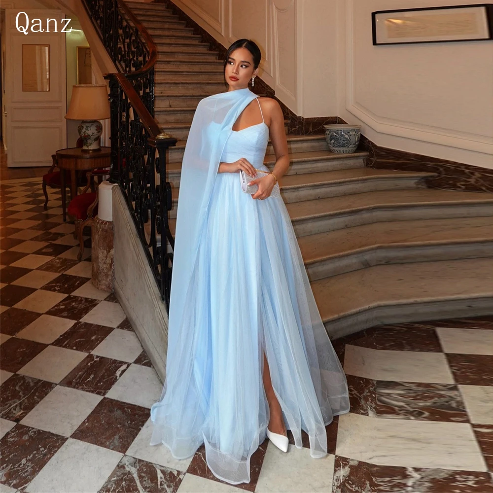 

Qanz Sky Blue Elegant Prom Dress Long A Line Tulle High Side Slit Spaghttti Straps Formal Occasion dresses wedding party dress