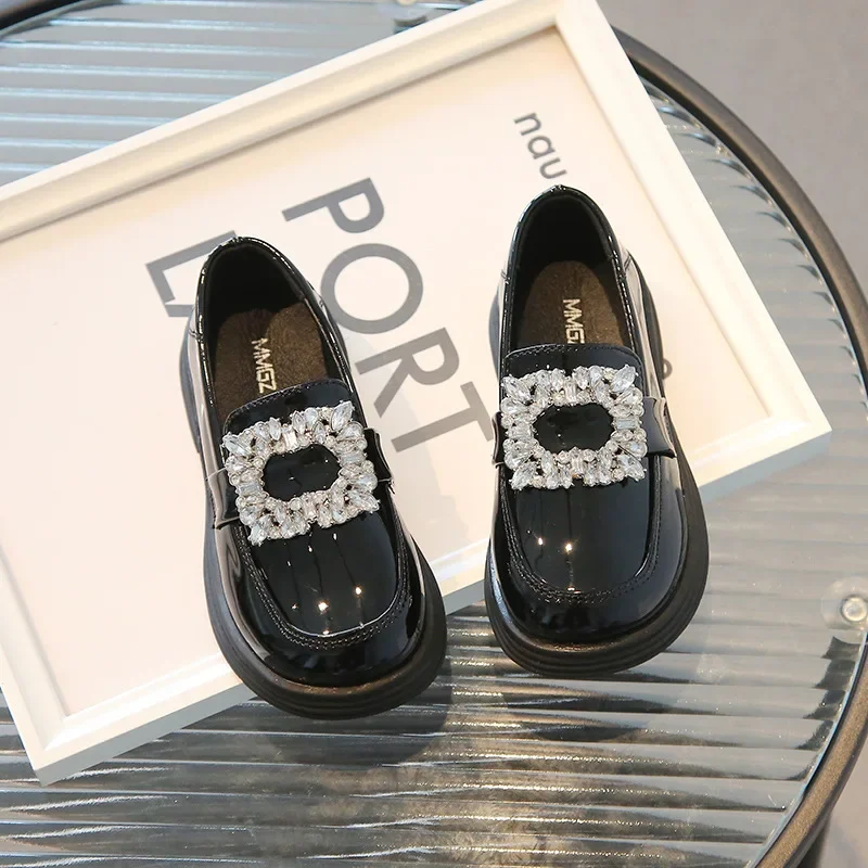 Girls Square Rhinestone Loafers Patent Leather Slip-on Shoes Children British Black Loafers Platform Oxford Shoes Kids Flats
