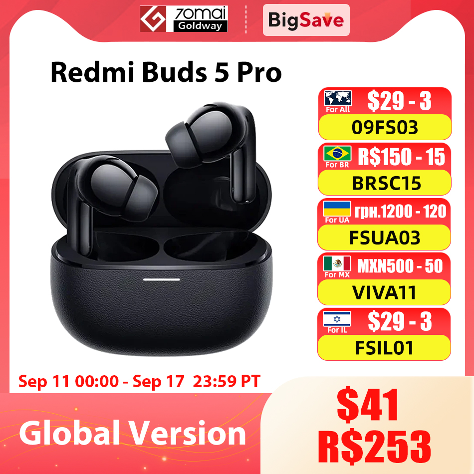 New Global Version Xiaomi Redmi Buds 5 Pro 52dB Active Noise Cancellation Bluetooth 5.3 Wireless Earphone For Redmi Note 13 Pro