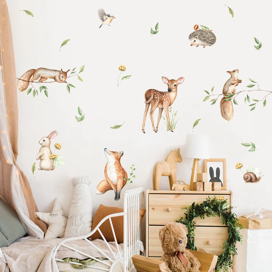 Boho Cartoon Deer Rabbit Woodland Animals Leaf Watercolor Nursery Wall Decals Kids Room Girls Bedroom Sticker Home Decor wall stickers vinyl decal stickers