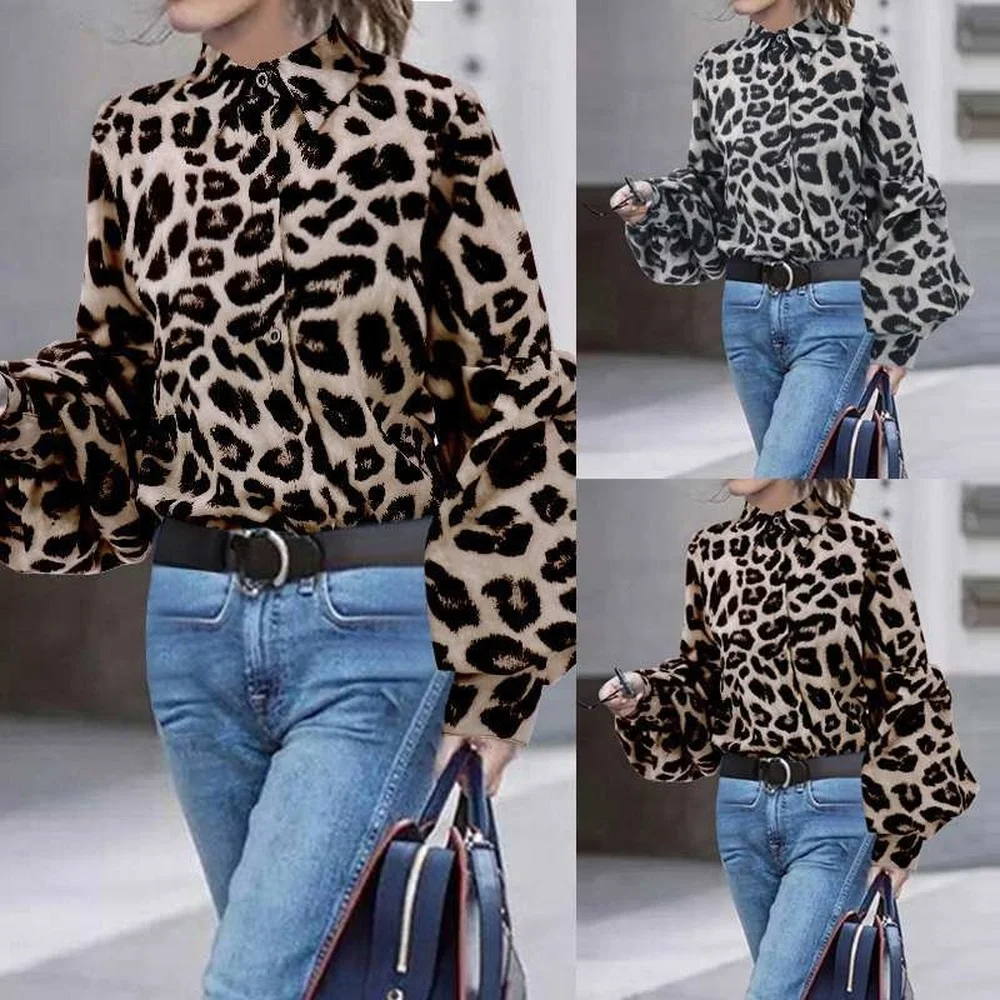 

ZOGAA New Leopard Print Lapel Puff Sleeve Shirt Casual Lantern Sleeve Cardigan Women