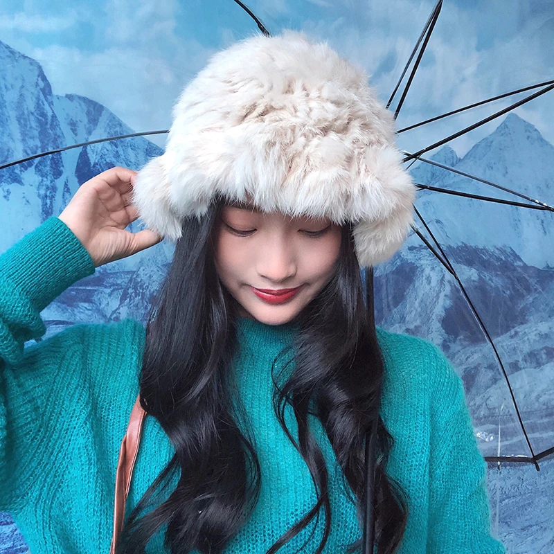 

High-quality Rabbit Fur Women's Hats Winter Warm Lotus Leaf Fur Pullover Hat Thickened Cold-proof Plush Basin Caps for Men