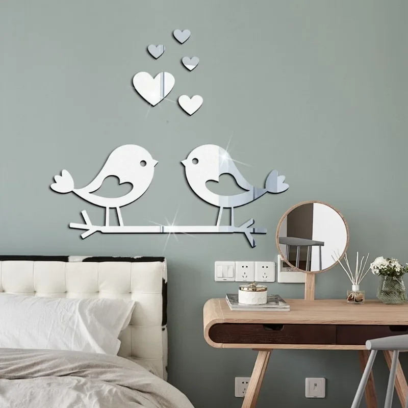 Loving Birds Mirror Wall Sticker Love shape Acrylic Wall Decals 3D Waterproof Self adhesive Sticker For DIY Valentine Day