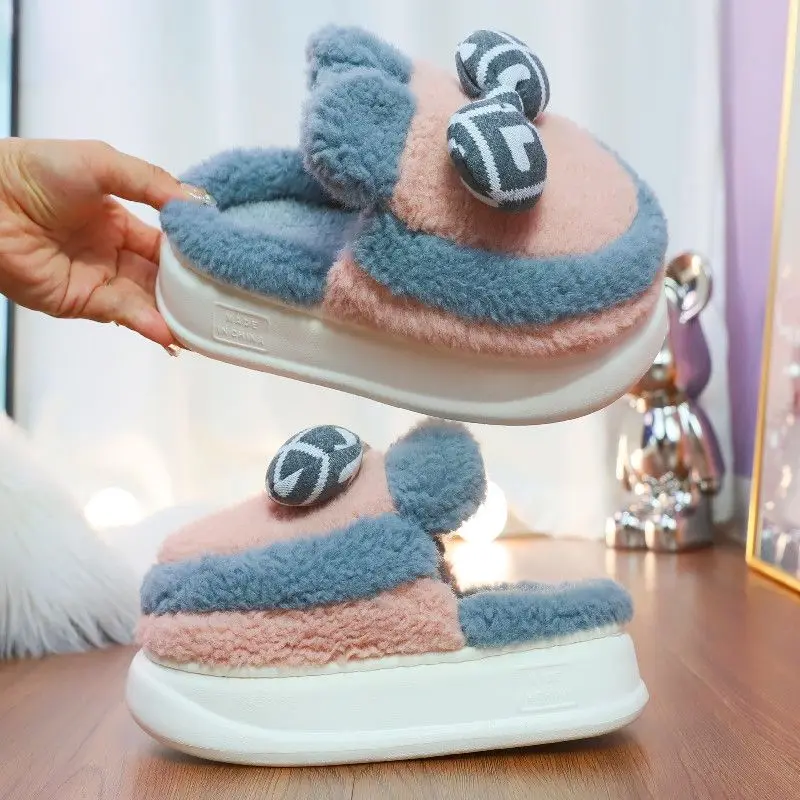 

Platform heel hairy slipper women's warm fuzzy home shoes ladies cloud slides woman fur indoor christmas slippers thick bottom