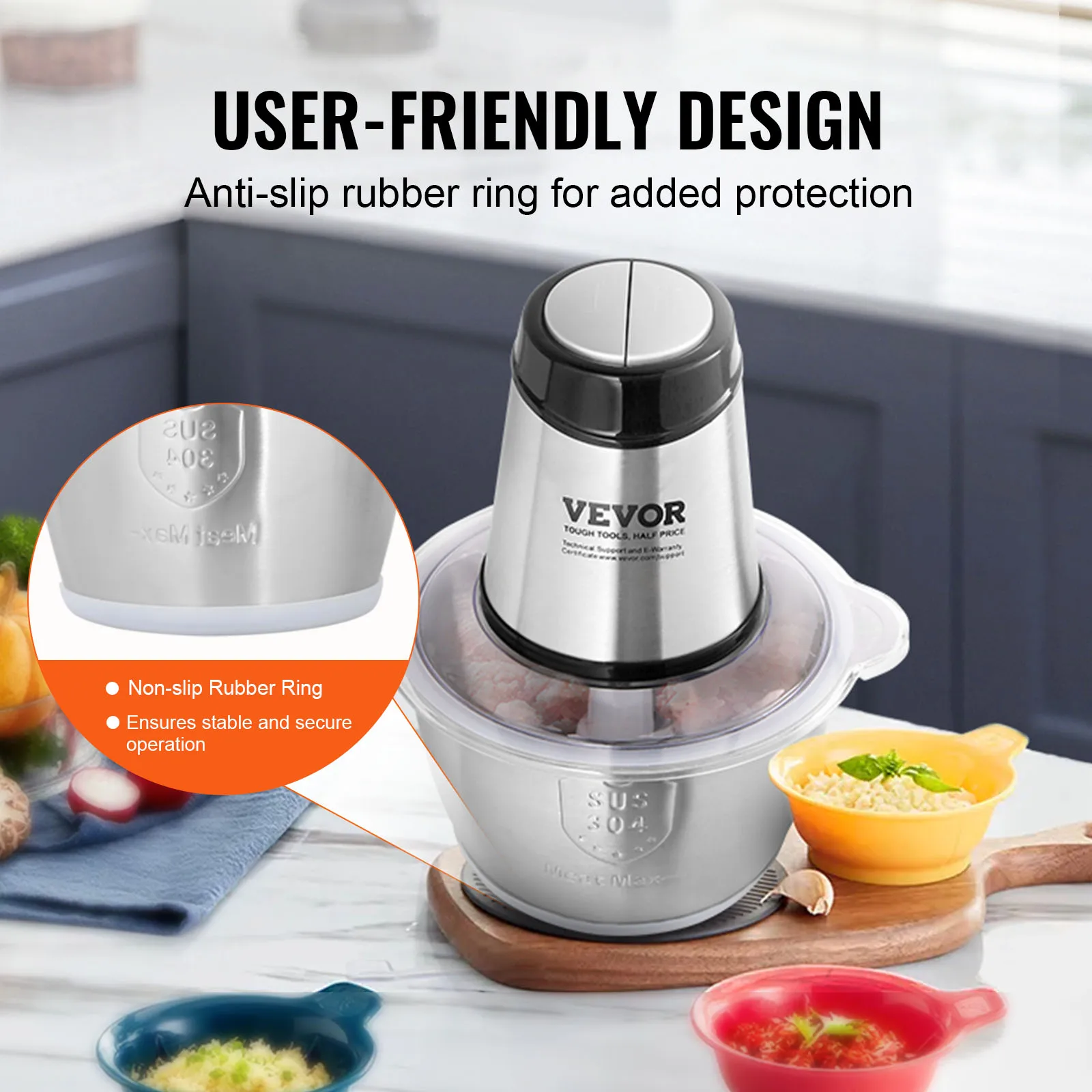VEVOR Food Processor Electric Meat Grinder with 4Wing Stainless Steel Blades 8+5 Cup 2 Bowls 400W Electric Food Chopper 2 Speeds 5