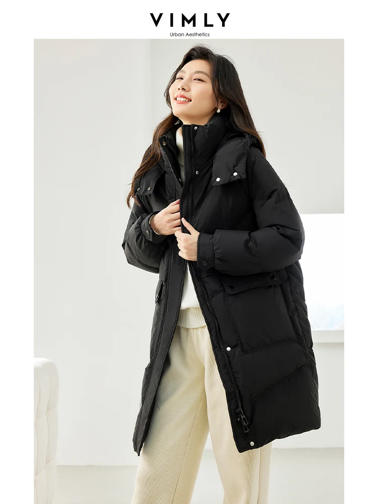 Vimly Lightweight Long Down Coat Women 2023 Winter Warm Hooded Stand Collar Zipper Straight Puffer Jacket Female Outerwear 50673