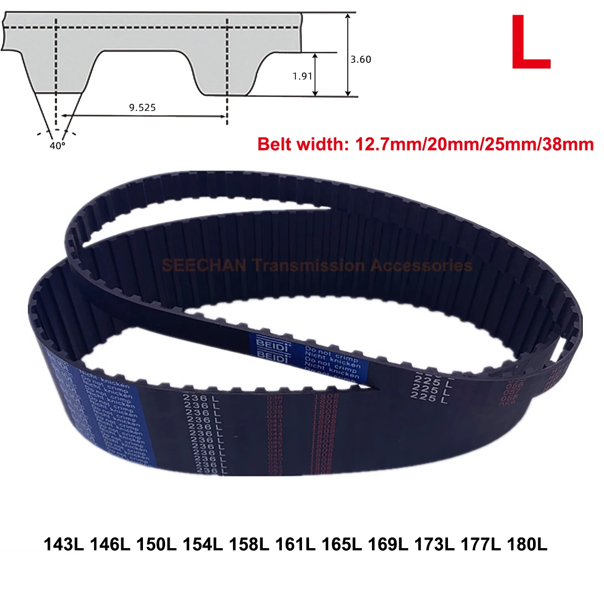 

L Trapezoidal Tooth Synchronous Timing Belt Width 12.7/20/25/38mm Closed-loop Rubber Transmission Belt 143L ~ 180L Pitch 9.525mm