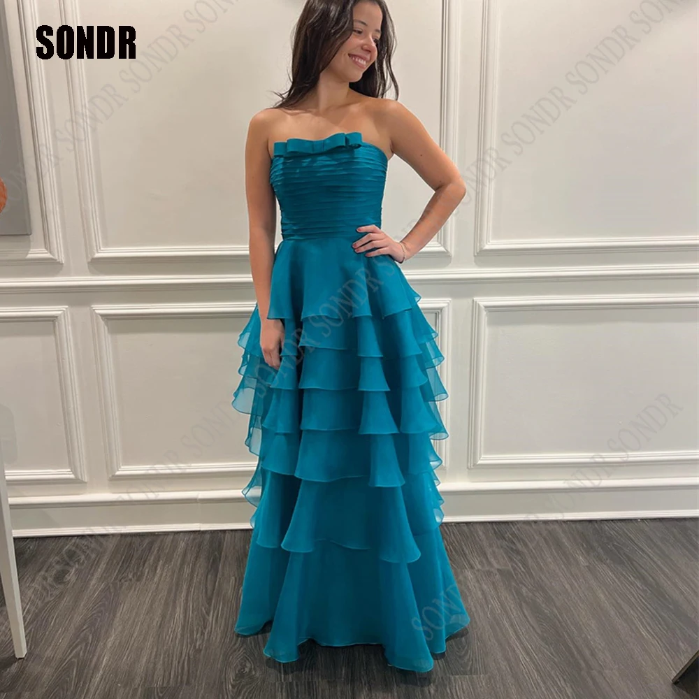 

SONDR 2024 New Blue Simple Evening Dress Strapless Tiered A-Line Party Prom Organza Gowns Custom Elegant فساتين سهره