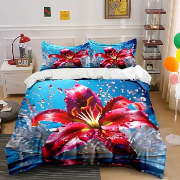 Luxury Red Lily Flower Bedding Set 3PCS Soft Polyester Duvet Cover Set with Water Splash Print Pillowcases for Home Decor 1