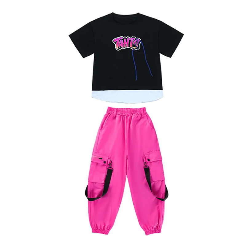 Kid Kpop Hip Hop Clothing Black White Print Oversized T Shirt Top Streetwear Cargo Pants for Girl Boy Jazz Dance Costume Clothes