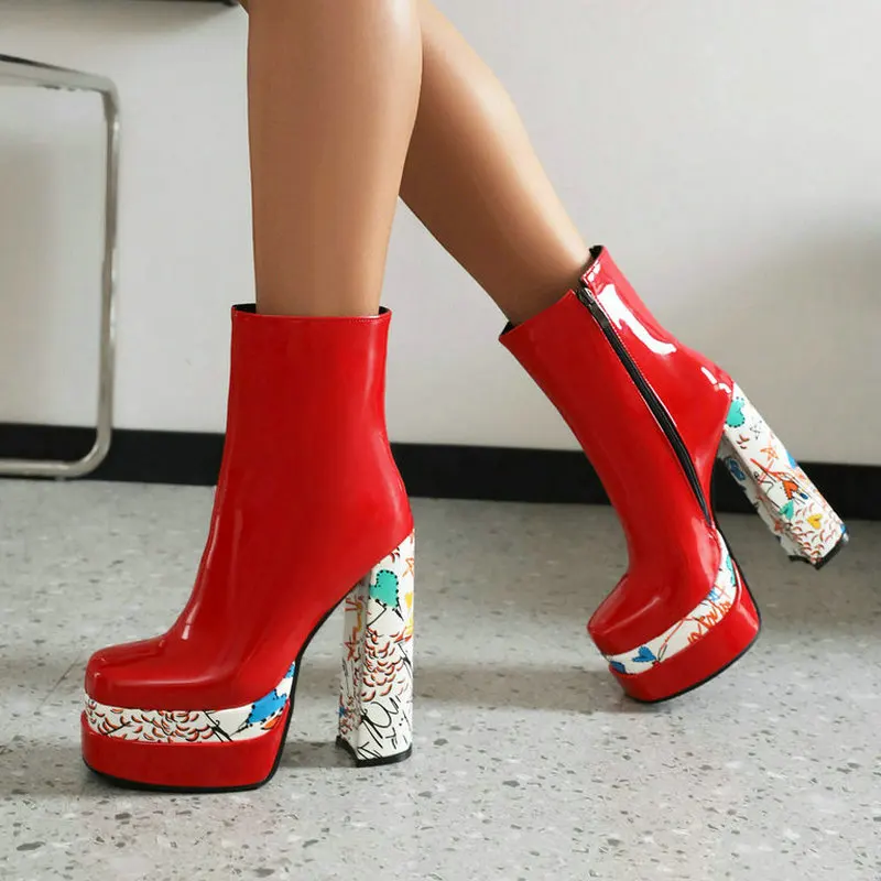 

Plus Size Women Ankle Boots Platform Square High Heel Ladies Short Boots Patent PU Leather Round Toe Side Zipper Women's Shoes