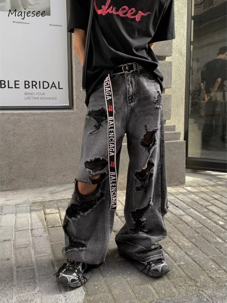 

Gothic Jeans Men Broken Vintage High Street American Style Worn-out Hole Washed Mopping Trousers Spring Summer Male Breathable