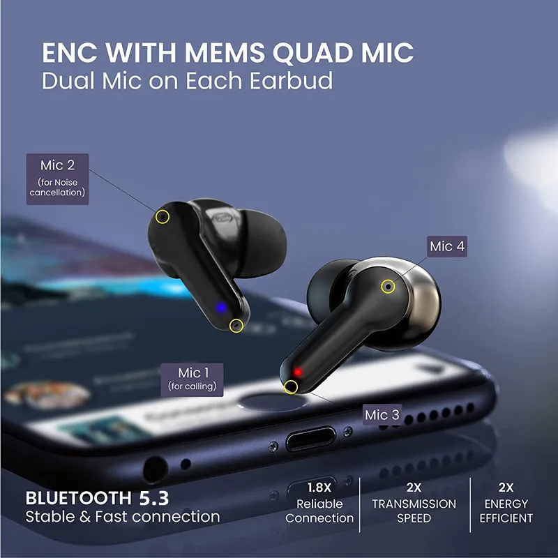 Bluetooth Headphone V5.3 Wireless TWS Earphone Touch Control Earbuds 4  Microphones ENC HD Call Headset